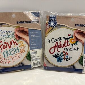 2 Embroidery Kits "Can't Adult" & "Farm Fresh" Crafters Sewing Hobbies Learners